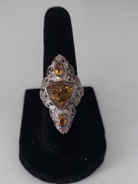 Sterling Silver Citrine-Style Marquise and Trillion Ring - Yellow Brown
